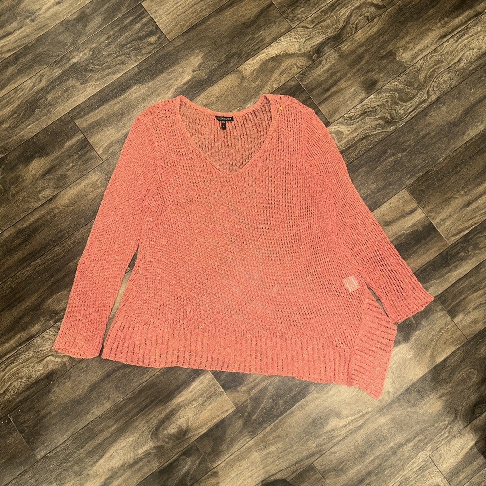 Eileen Fisher Women's Large Sweater Linen Blend Open Knit Blouse V-neck Top Pink